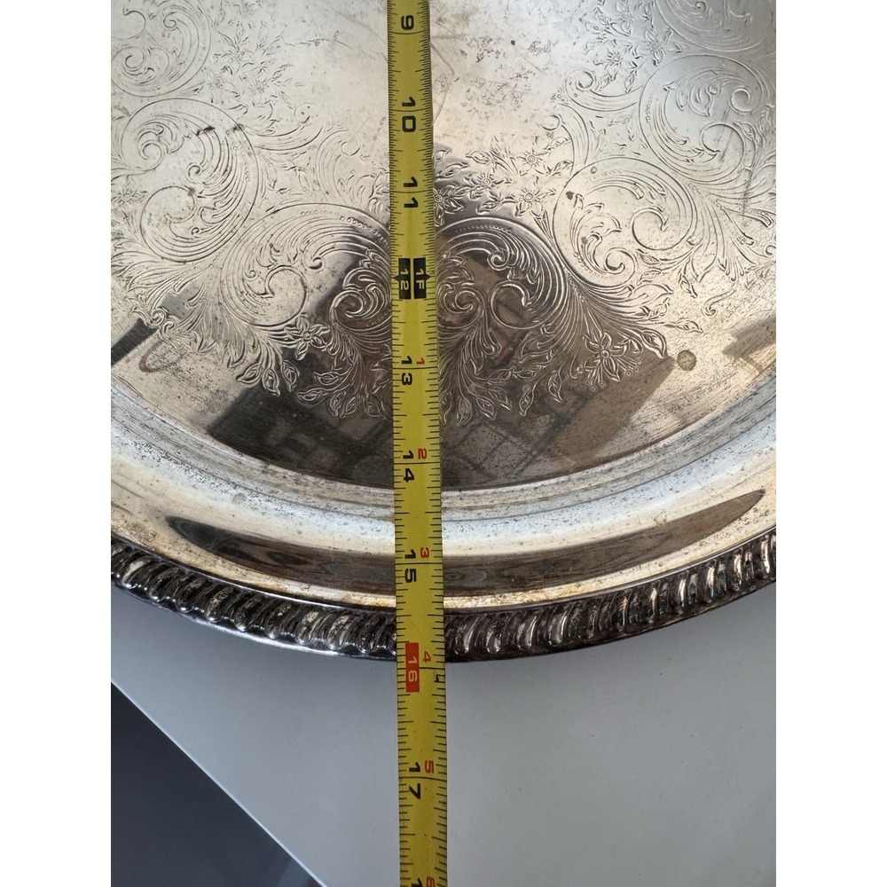 Vintage Sheridan Silver Plated 16" Round Serving Tray Platter Etched Rope Edge - Picture 10 of 10